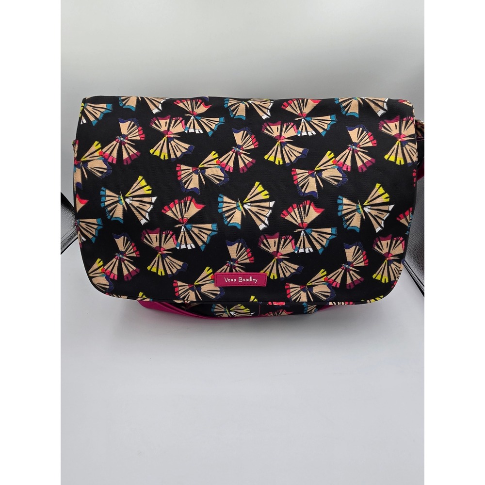 Vera Bradley Messenger Bag Black Pink Pencil Pattern Adjustable Strap Crossbody - Picture 2 of 7